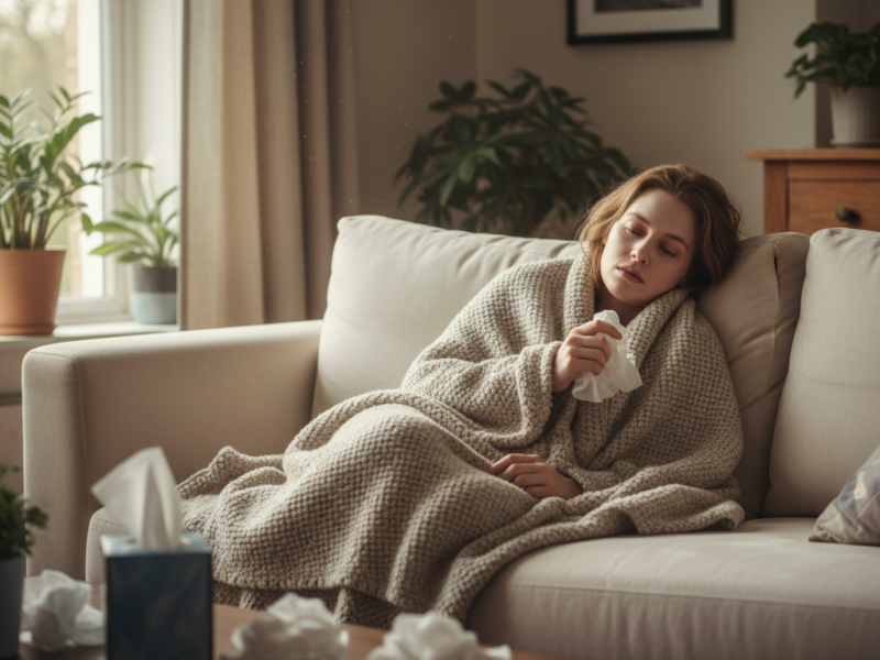 person with struggling immune system feeling sick and fatigued