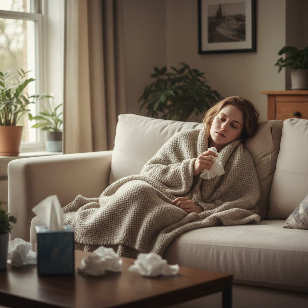 person with struggling immune system feeling sick and fatigued