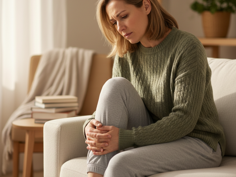Woman in her 40s experiencing knee and bone discomfort - preventing bone density loss after 30s