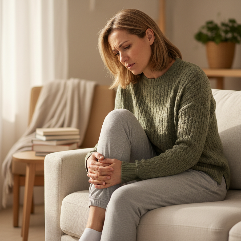 Woman in her 40s experiencing knee and bone discomfort - preventing bone density loss after 30s